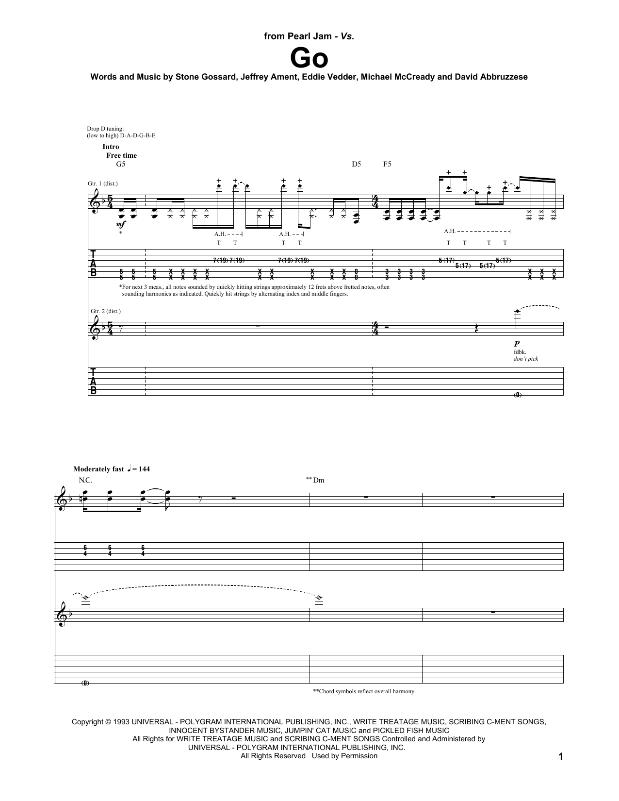 Pearl Jam Go Sheet Music