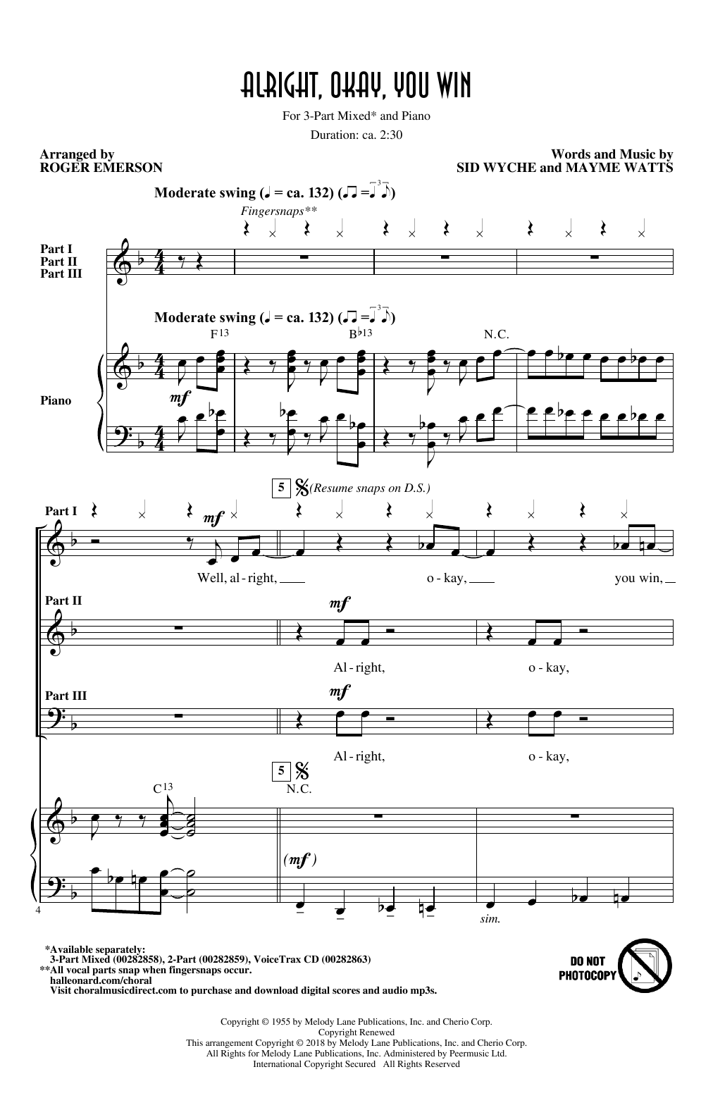 Peggy Lee Alright, Okay, You Win (arr. Roger Emerson) Sheet Music