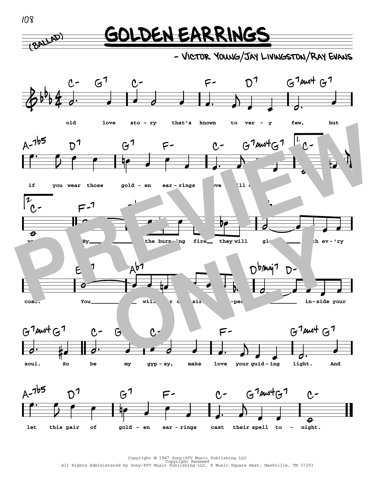 Peggy Lee Golden Earrings (High Voice) Sheet Music