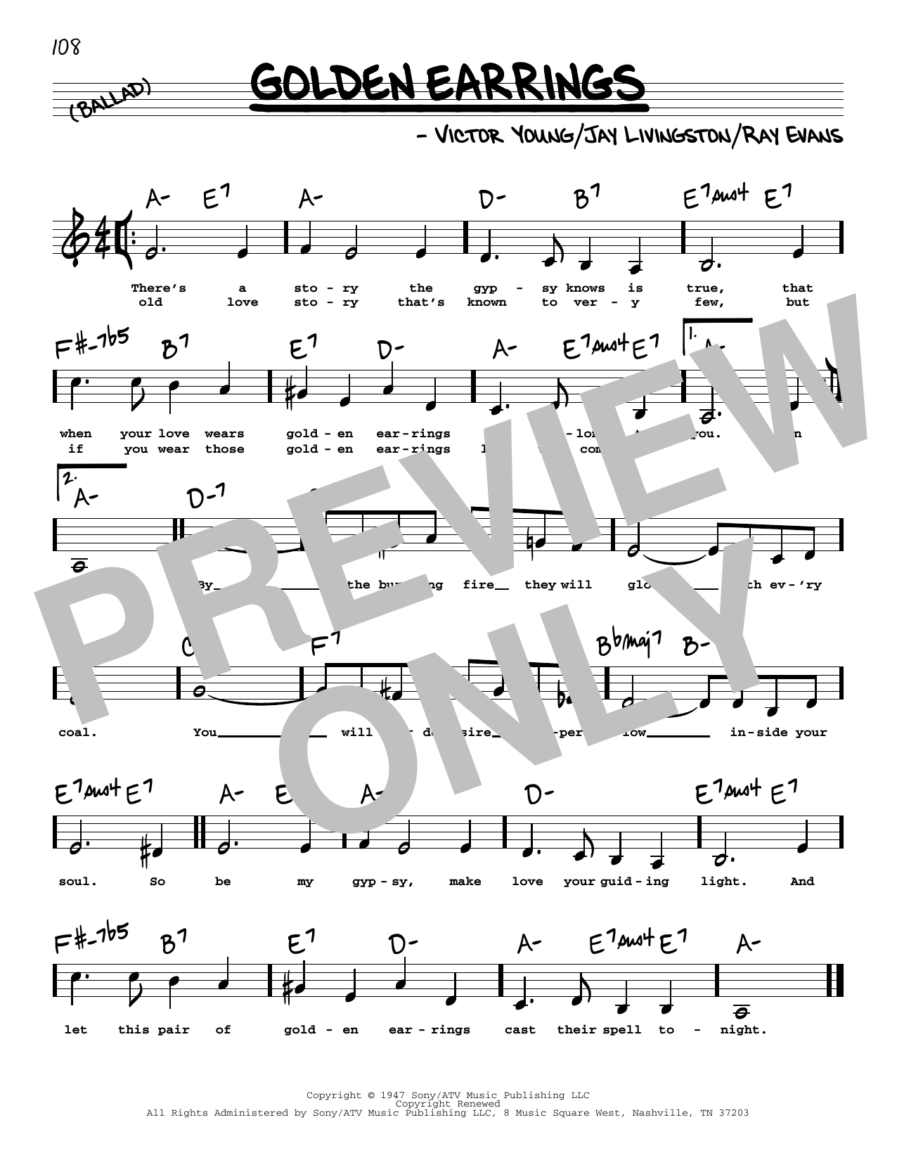 Peggy Lee Golden Earrings (Low Voice) Sheet Music