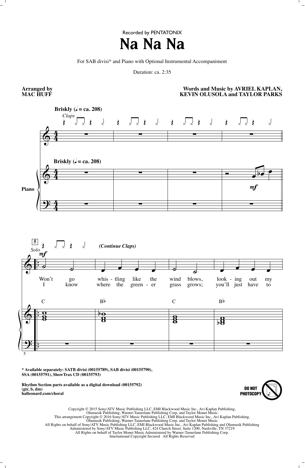 Pentatonix Na Na Na (arr. Mac Huff) Sheet Music