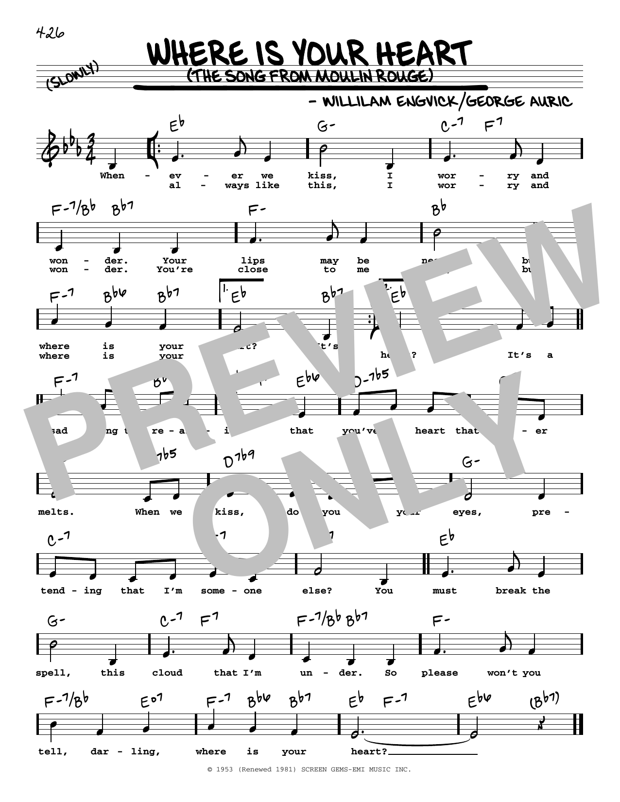 Percy Faith and His Orchestra Where Is Your Heart (The Song From Moulin Rouge) (Low Voice) Sheet Music