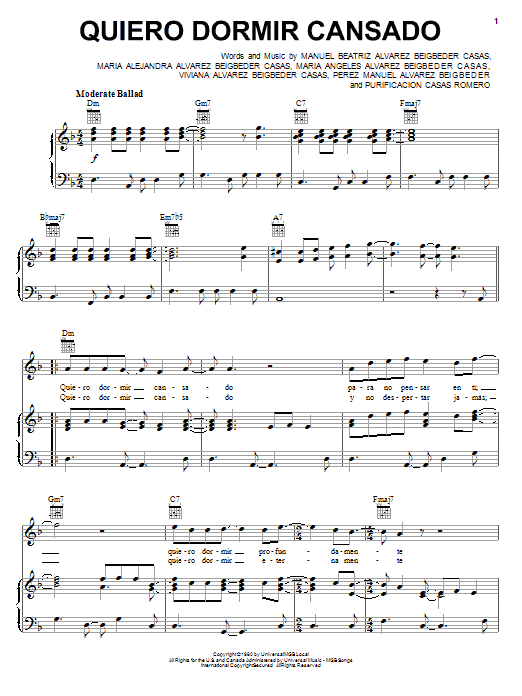 Perez Manuel Alvarez Beigbeder Quiero Dormir Cansado Sheet Music