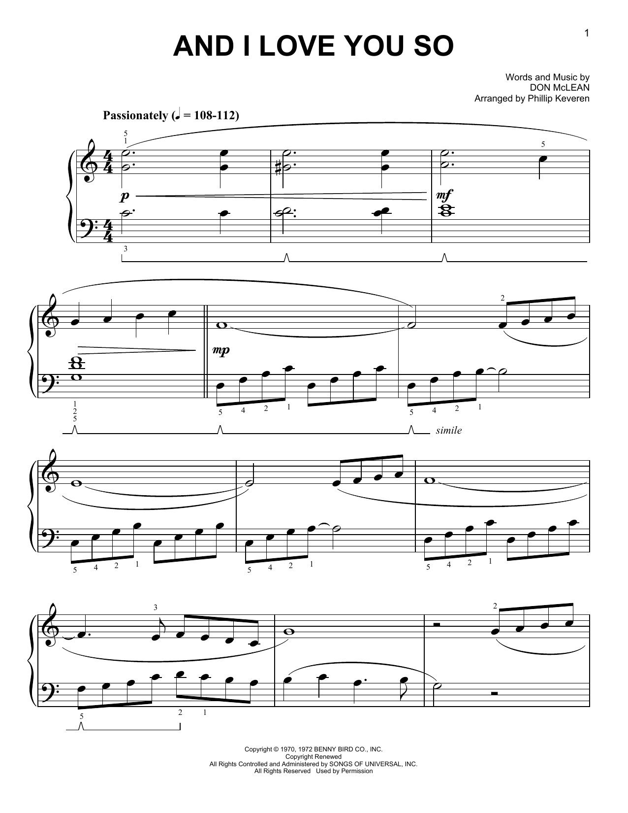 Perry Como And I Love You So [Classical version] (arr. Phillip Keveren) Sheet Music