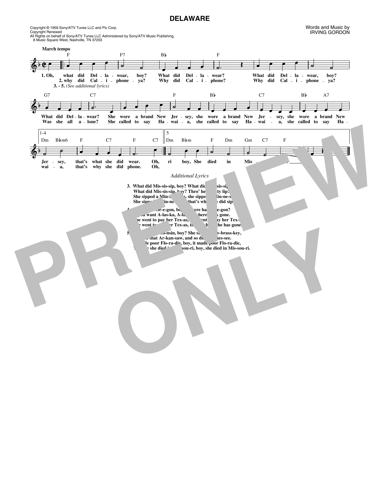 Perry Como Delaware Sheet Music