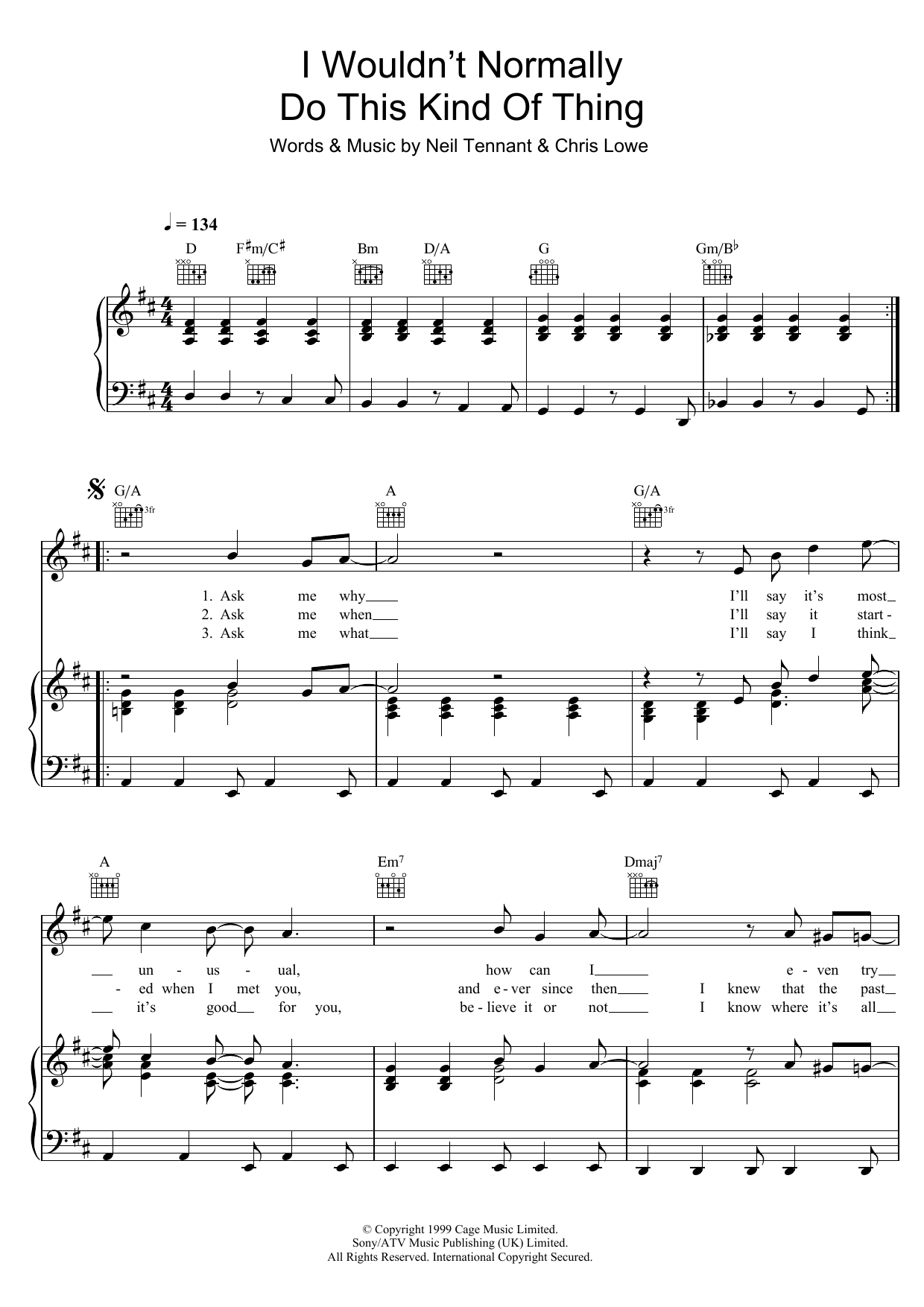 Pet Shop Boys I Wouldn't Normally Do This Kind Of Thing Sheet Music