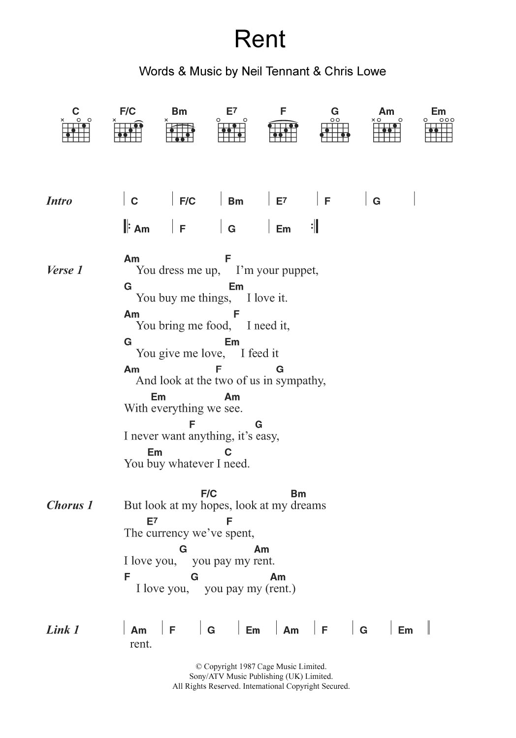Pet Shop Boys Rent Sheet Music