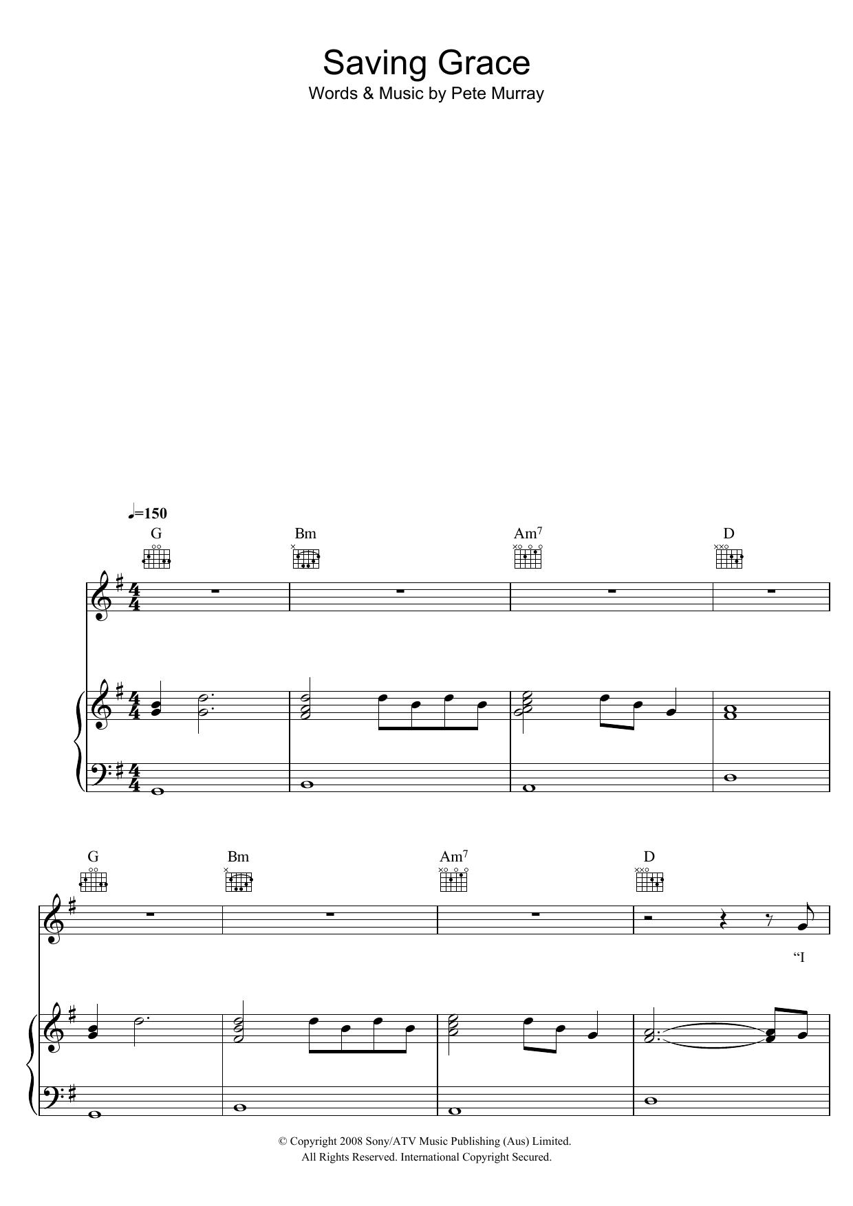 Pete Murray Saving Grace Sheet Music
