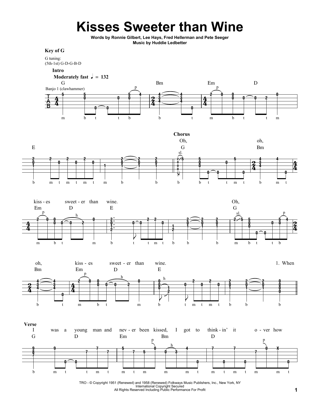Pete Seeger Kisses Sweeter Than Wine Sheet Music