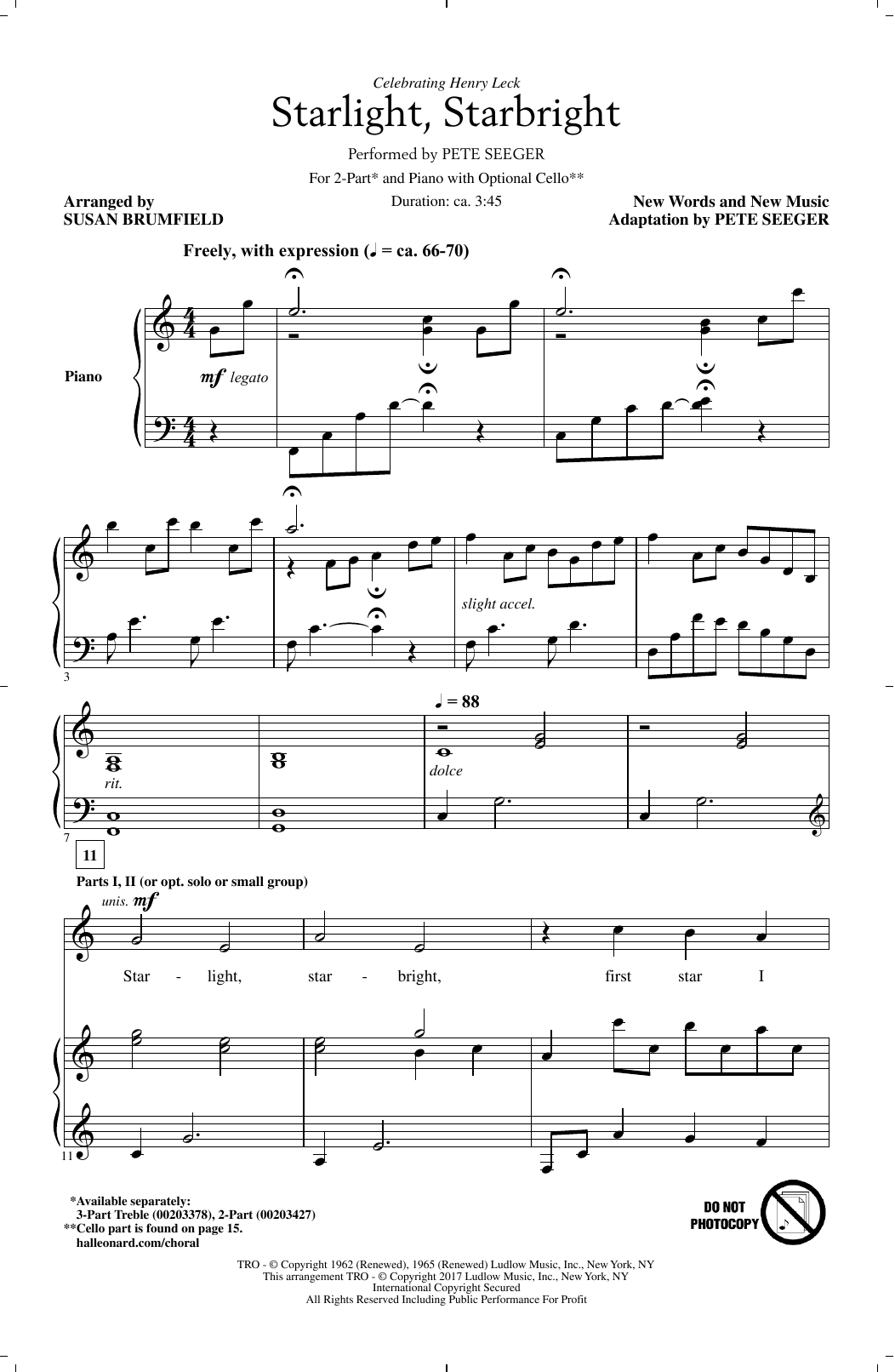 Pete Seeger Starlight, Starbright (arr. Susan Brumfield) Sheet Music