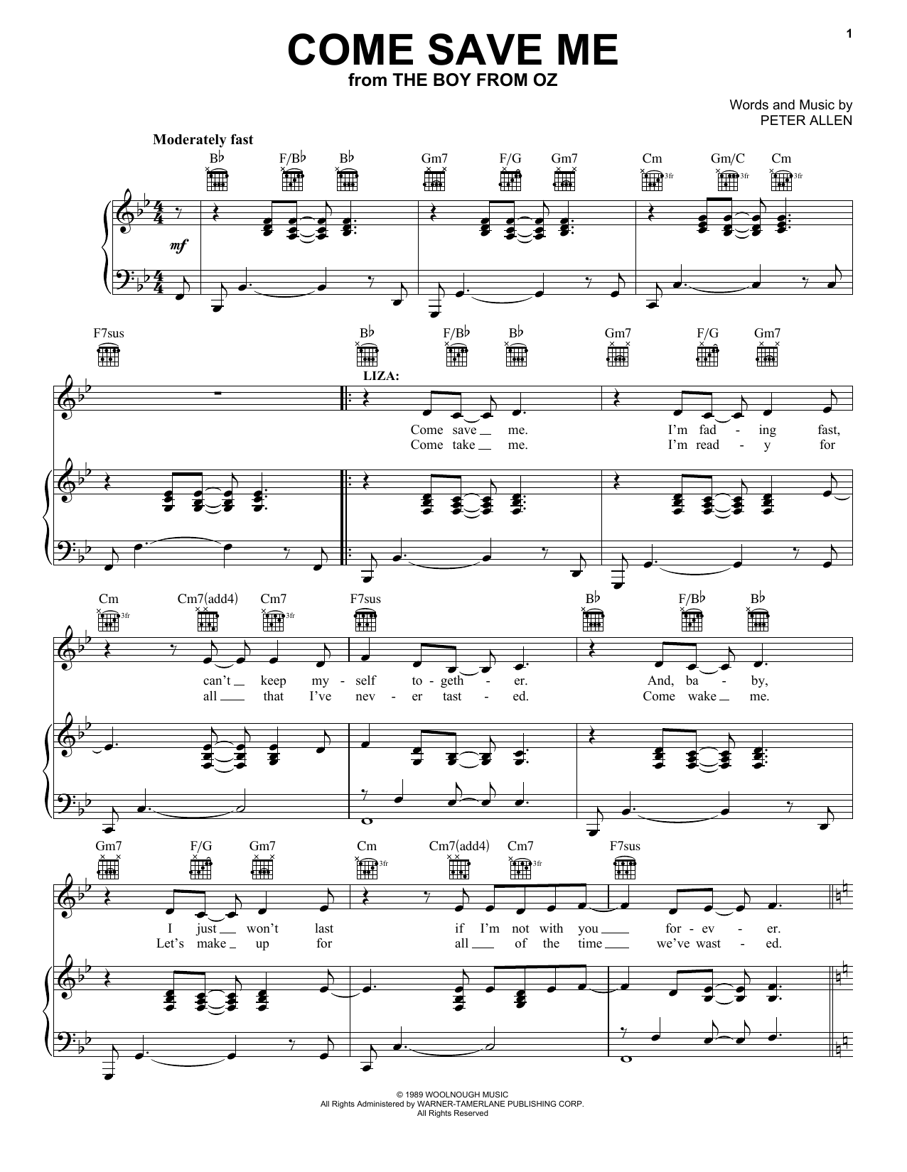 Peter Allen Come Save Me (from The Boy From Oz) Sheet Music