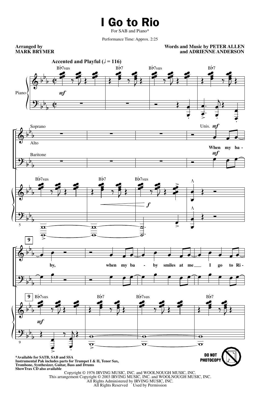 Peter Allen I Go To Rio (from The Boy From Oz) (arr. Mark Brymer) Sheet Music