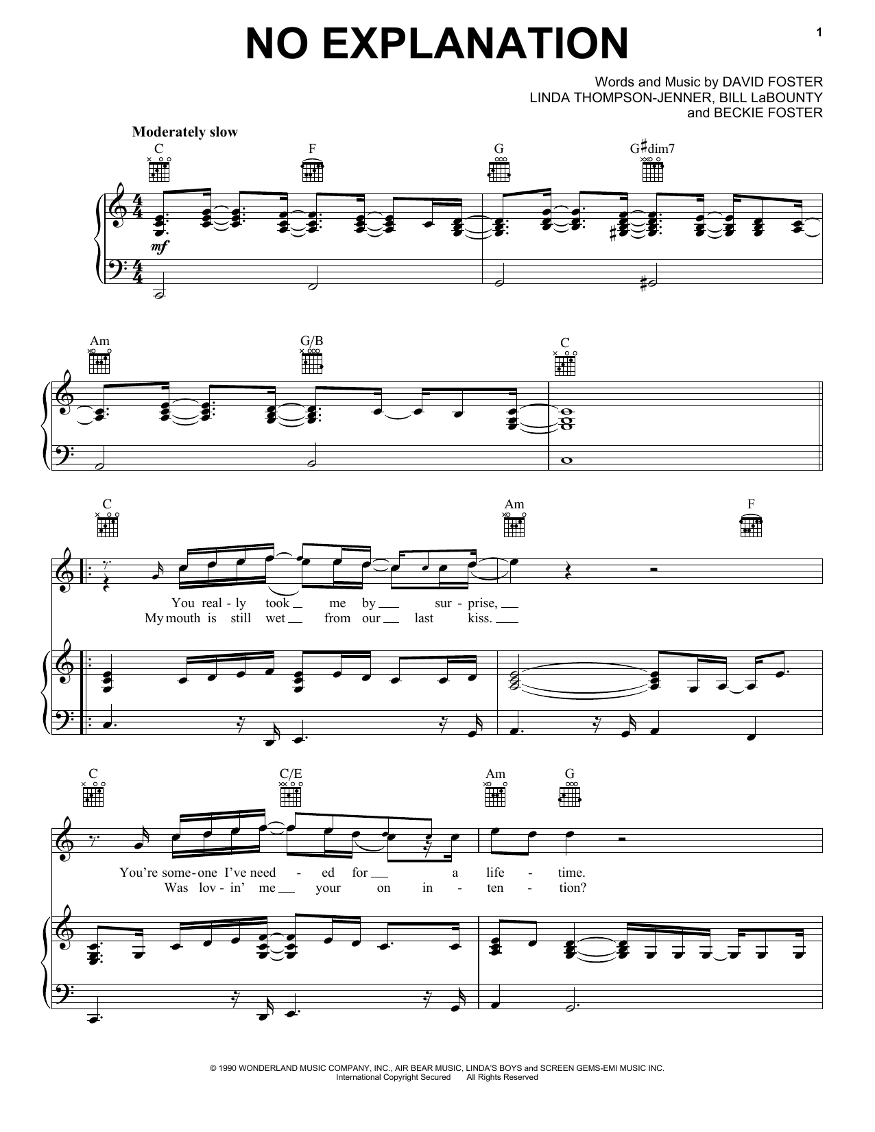 Peter Cetera No Explanation (from Pretty Woman) Sheet Music