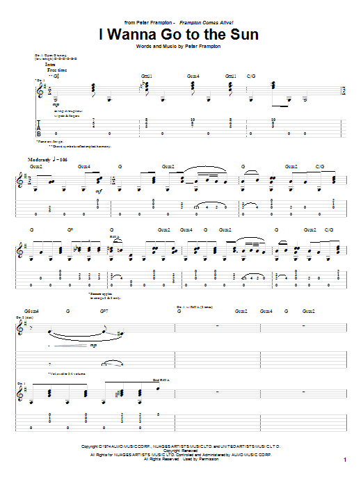 Peter Frampton I Wanna Go To The Sun Sheet Music