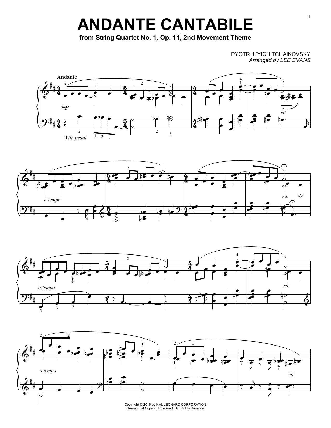 Pyotr Il'yich Tchaikovsky Andante Cantabile (arr. Lee Evans) Sheet Music