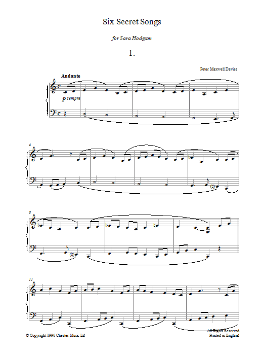 Peter Maxwell Davies Six Secret Songs, No.1, Andante Sheet Music
