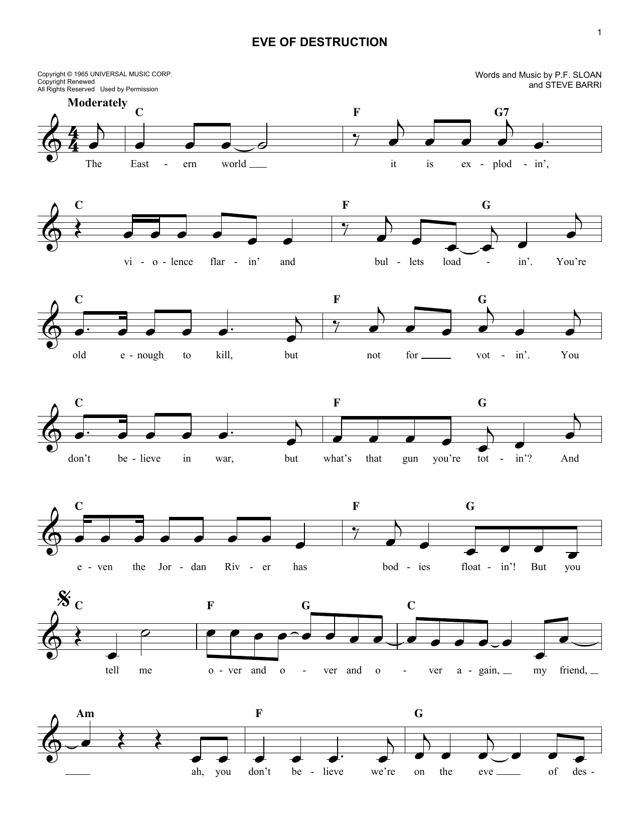 P.F. Sloan Eve Of Destruction Sheet Music