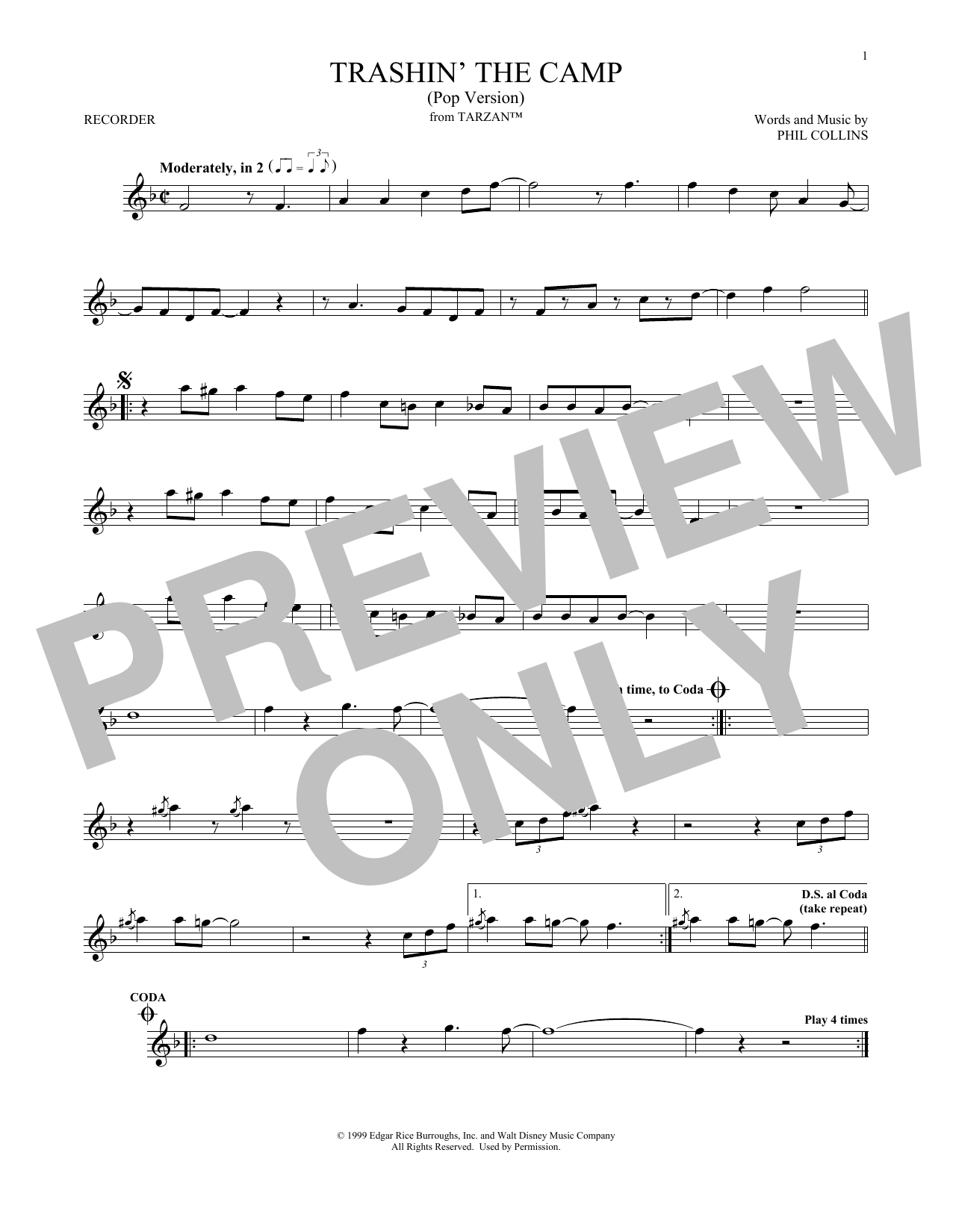 Phil Collins Trashin' The Camp (from Tarzan) Sheet Music