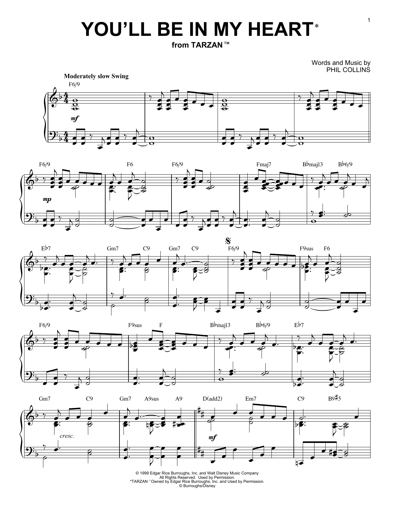 Phil Collins You'll Be In My Heart [Jazz version] (from Tarzan) Sheet Music