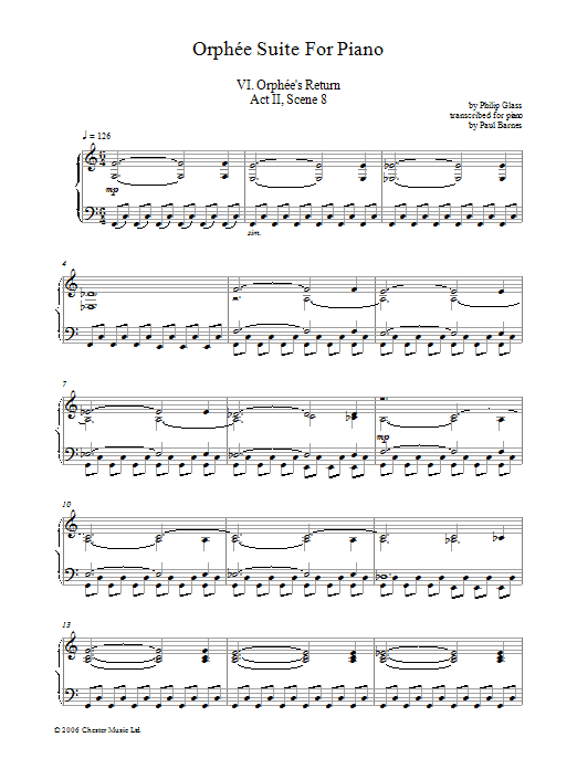 Philip Glass Orphee Suite For Piano, VI. Orphee's Return, Act II, Scene 8 Sheet Music