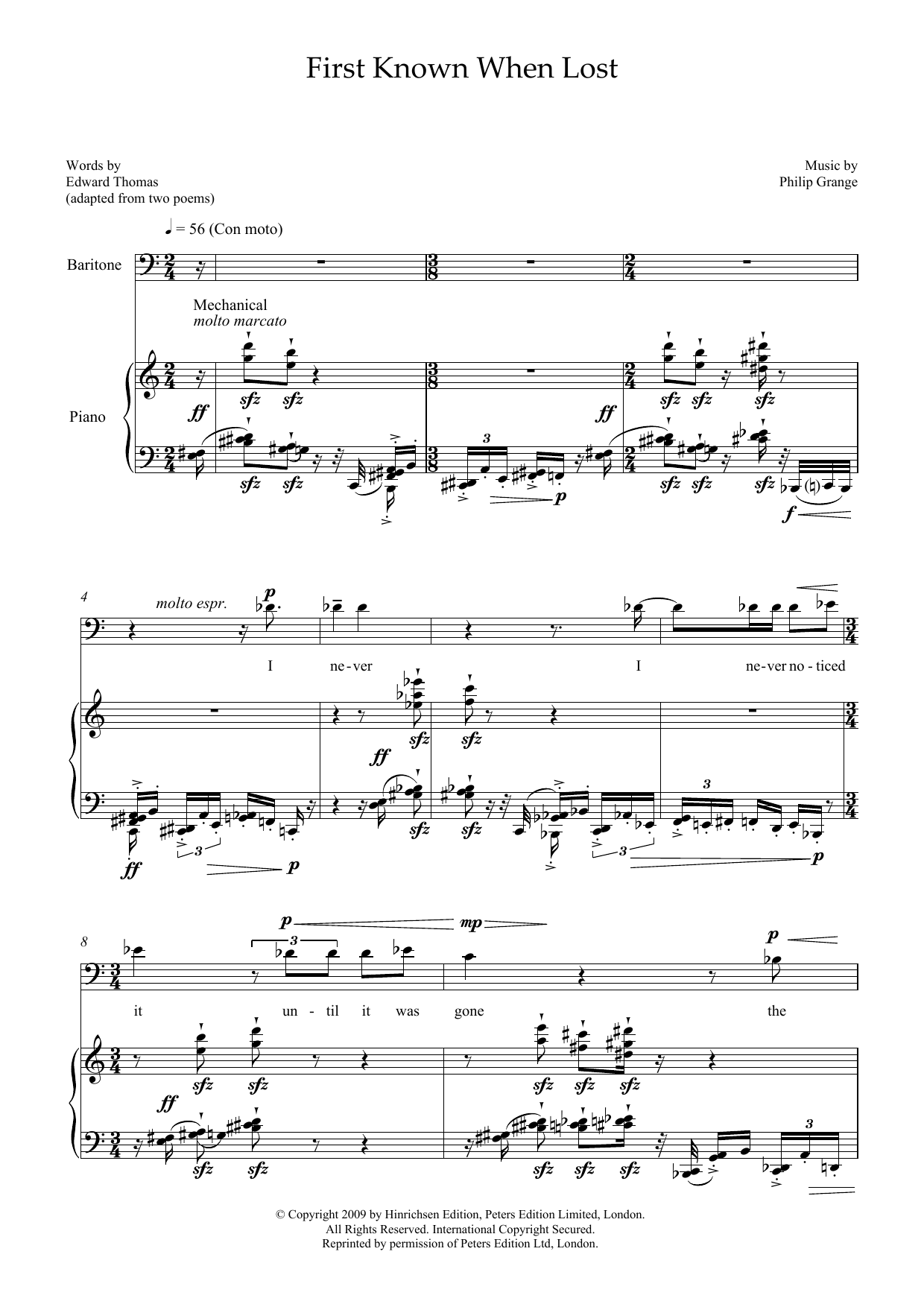 Philip Grange First Known When Lost (for baritone and piano) Sheet Music