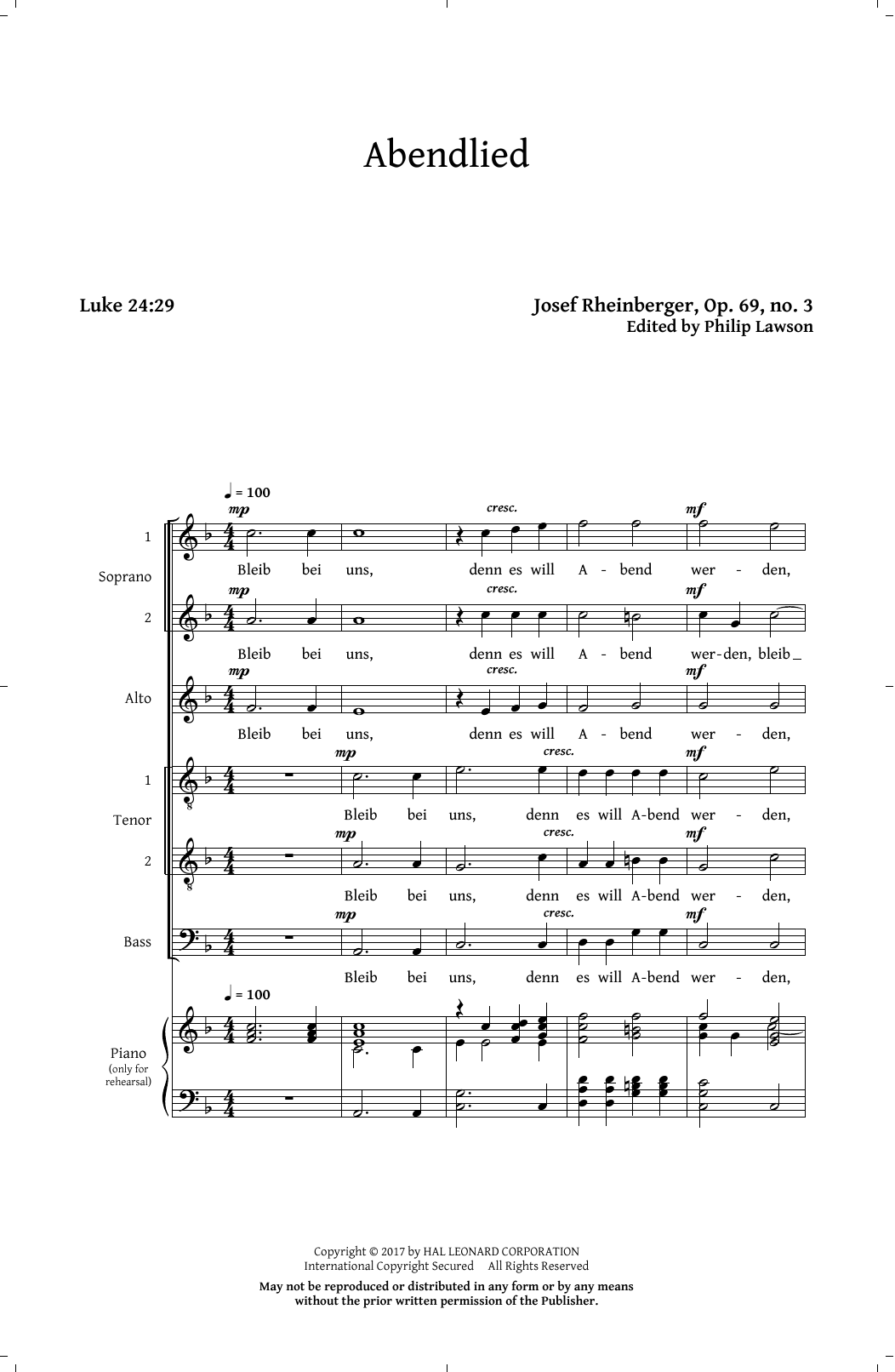 Philip Lawson Abendlied, Op. 69, No. 3 Sheet Music