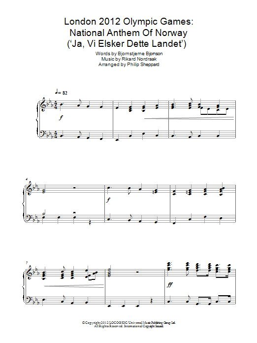 Philip Sheppard London 2012 Olympic Games: National Anthem Of Norway ('Ja, Vi Elsker Dette Lande Sheet Music