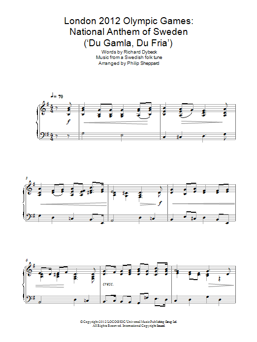 Philip Sheppard London 2012 Olympic Games: National Anthem Of Sweden ('Du Gamla, Du Fria') Sheet Music