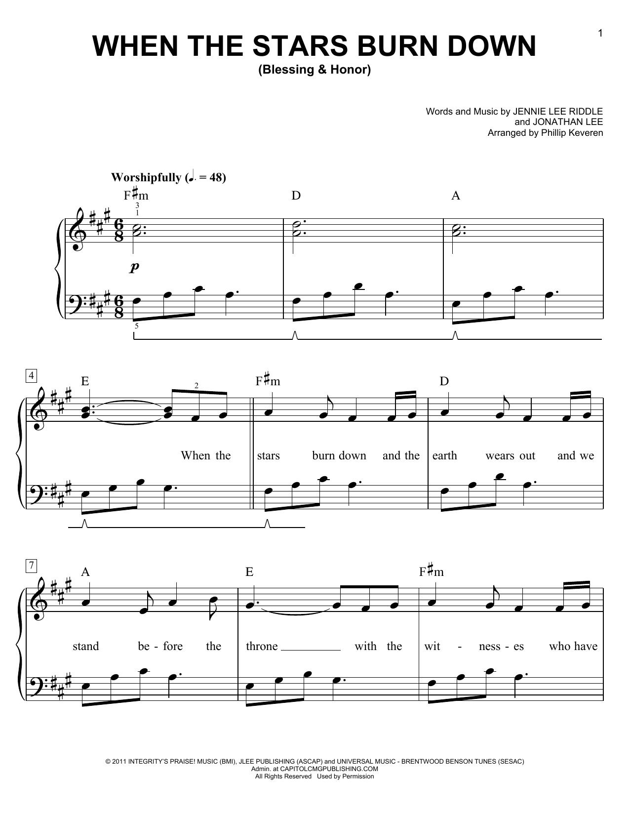Phillips, Craig & Dean When The Stars Burn Down (Blessing & Honor) (arr. Phillip Keveren) Sheet Music
