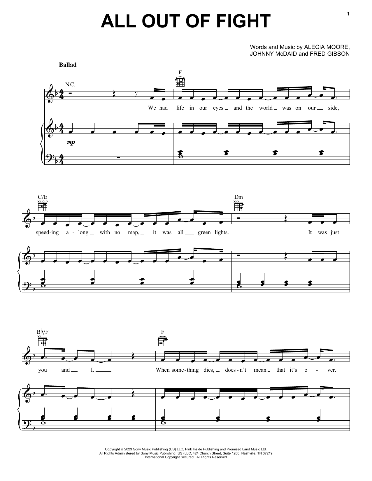 P!nk All Out Of Fight Sheet Music