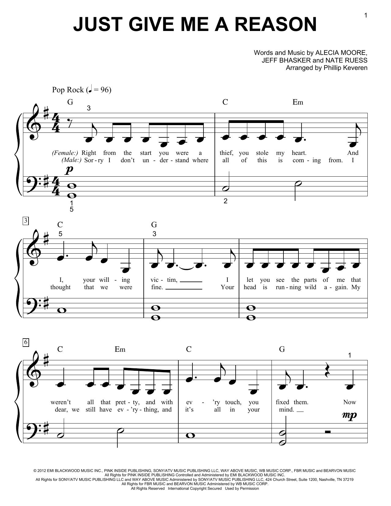 Pink featuring Nate Ruess Just Give Me A Reason (arr. Phillip Keveren) Sheet Music