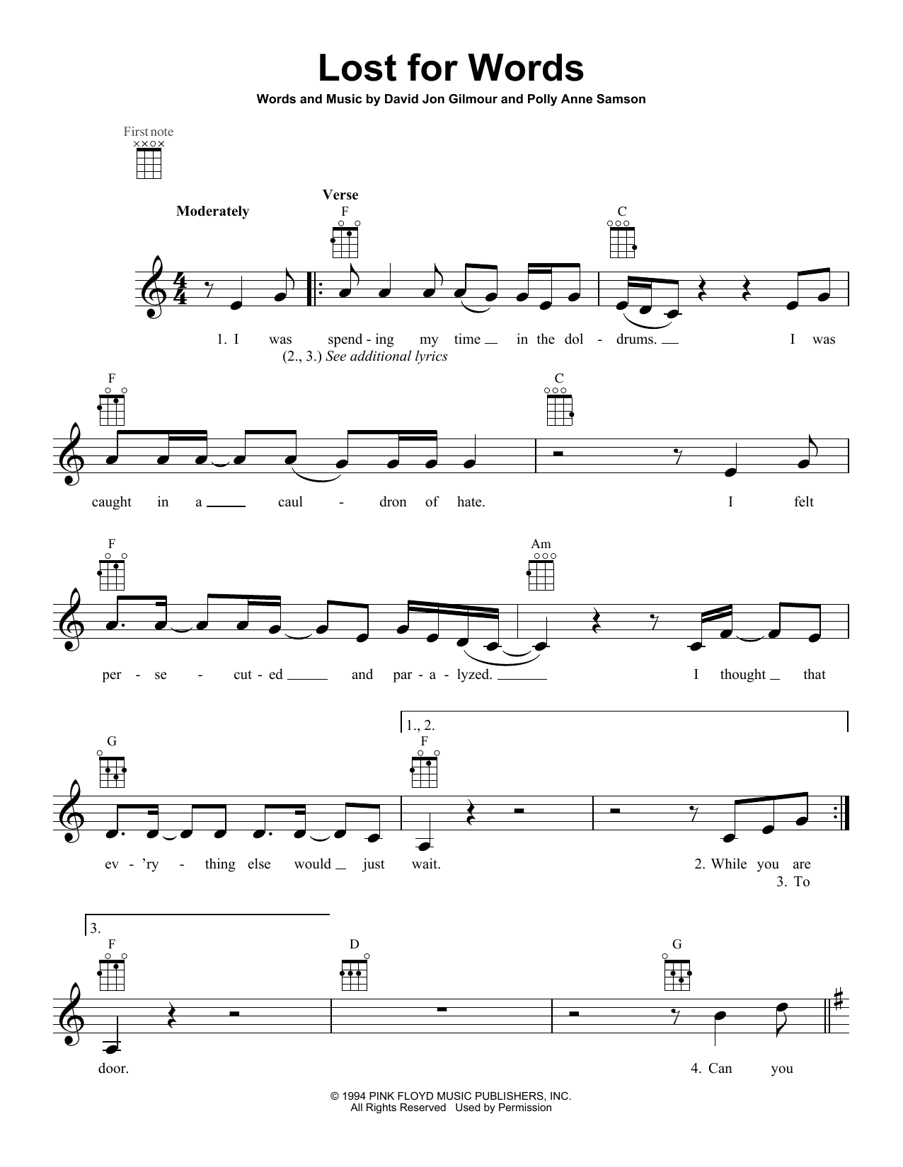 Pink Floyd Lost For Words Sheet Music