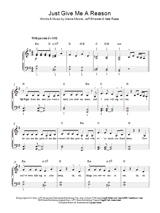 Pink Just Give Me A Reason (feat. Nate Ruess) Sheet Music