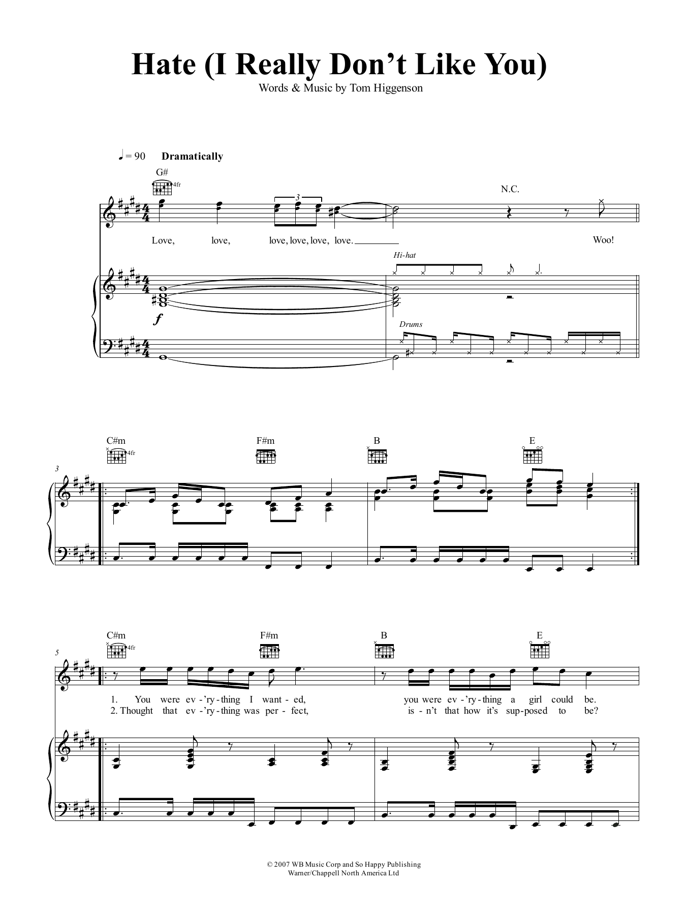 Plain White T's Hate (I Really Don't Like You) Sheet Music
