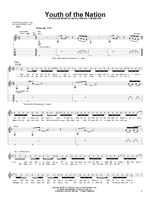 P.O.D. (Payable On Death) Youth Of The Nation Sheet Music