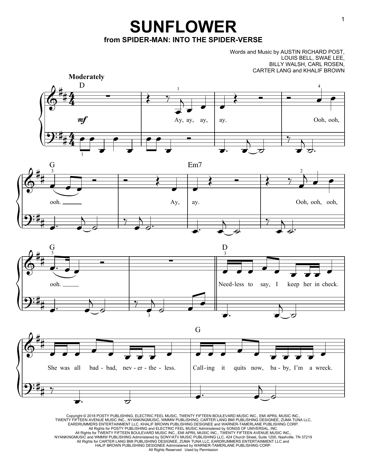 Post Malone & Swae Lee Sunflower (from Spider-Man: Into The Spider-Verse) Sheet Music