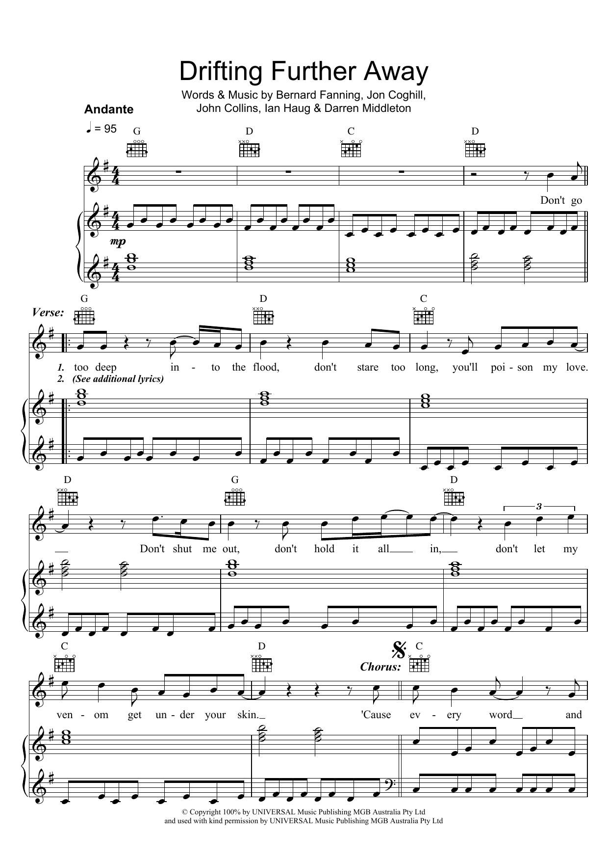 Powderfinger Drifting Further Away Sheet Music
