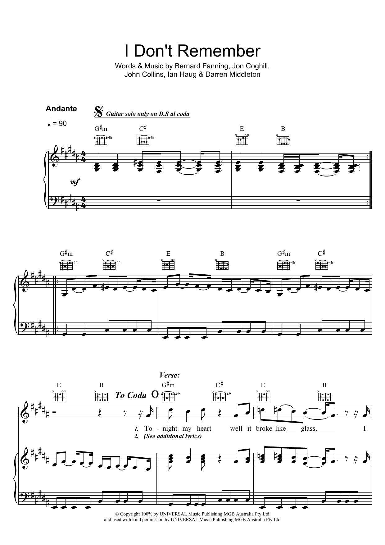 Powderfinger I Don't Remember Sheet Music