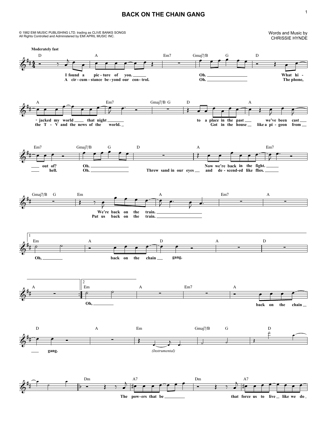 Pretenders Back On The Chain Gang Sheet Music