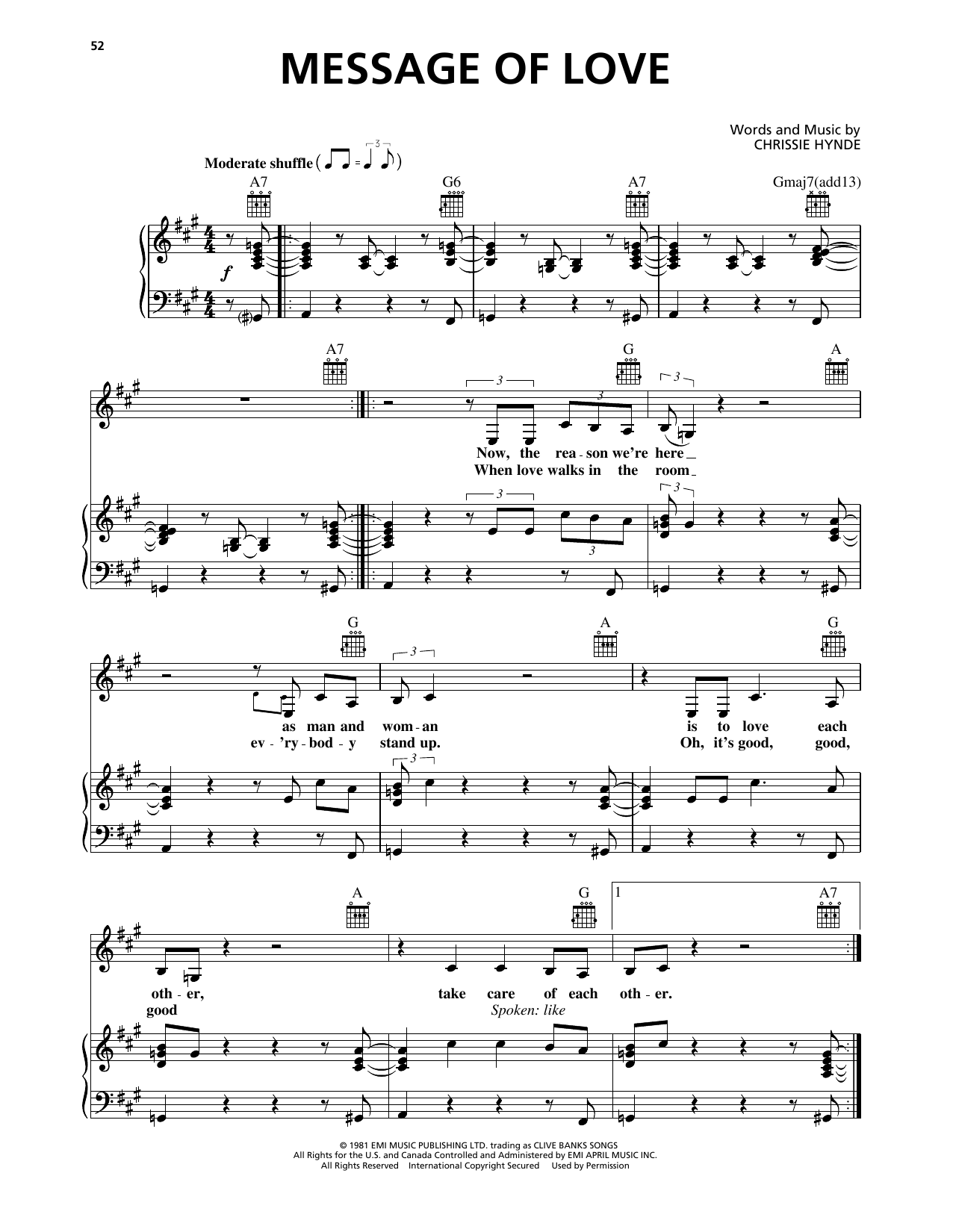 Pretenders Message Of Love Sheet Music