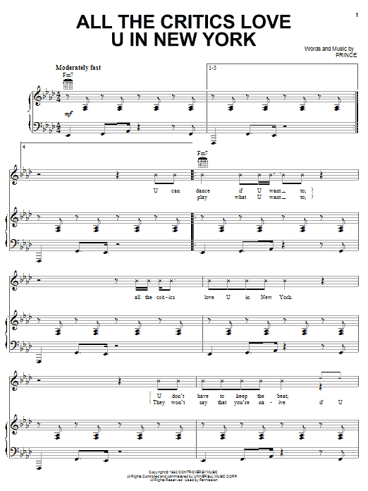 Prince All The Critics Love U In New York Sheet Music