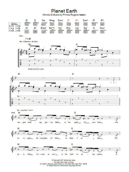 Prince Planet Earth Sheet Music