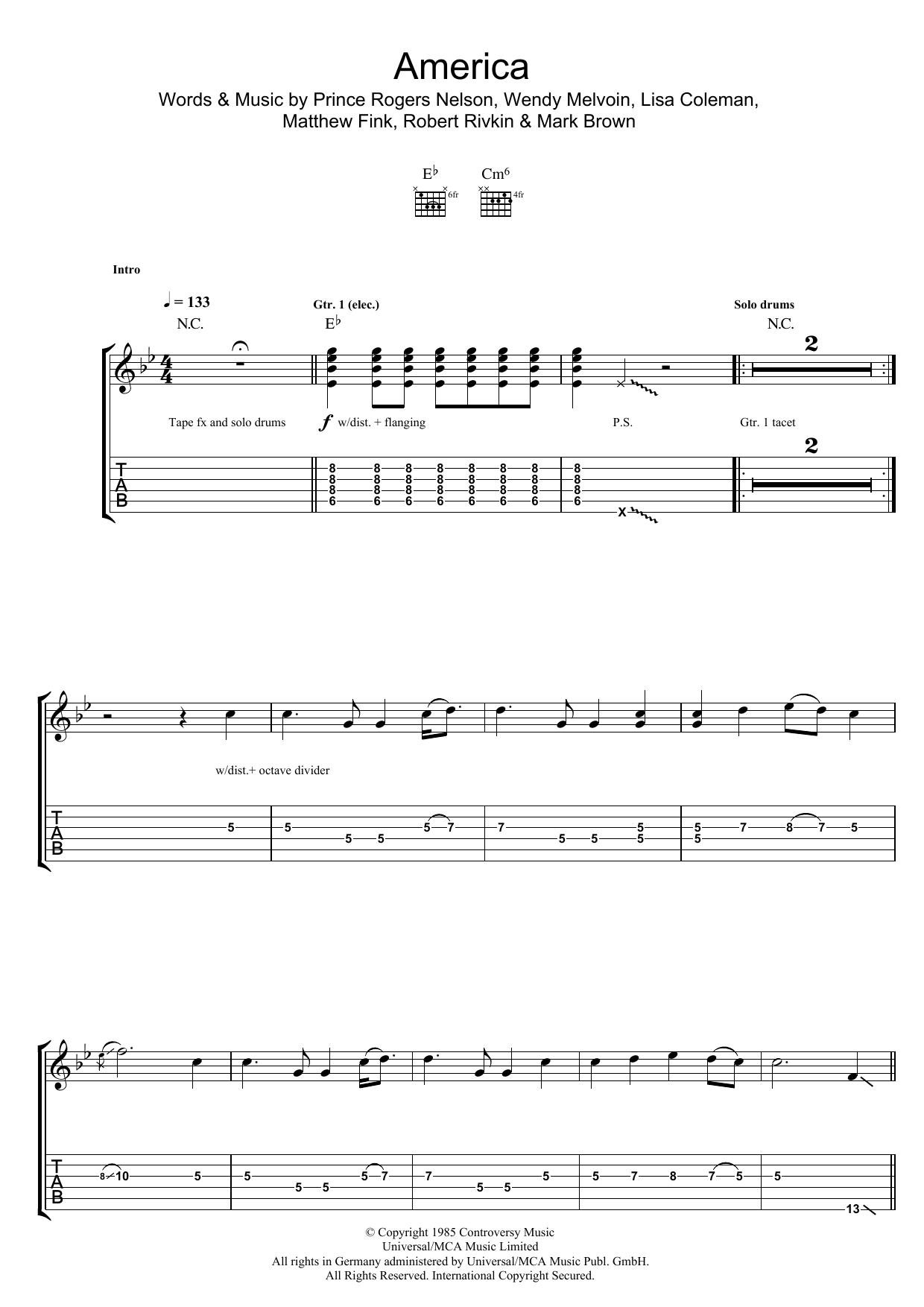 Prince & The Revolution America Sheet Music