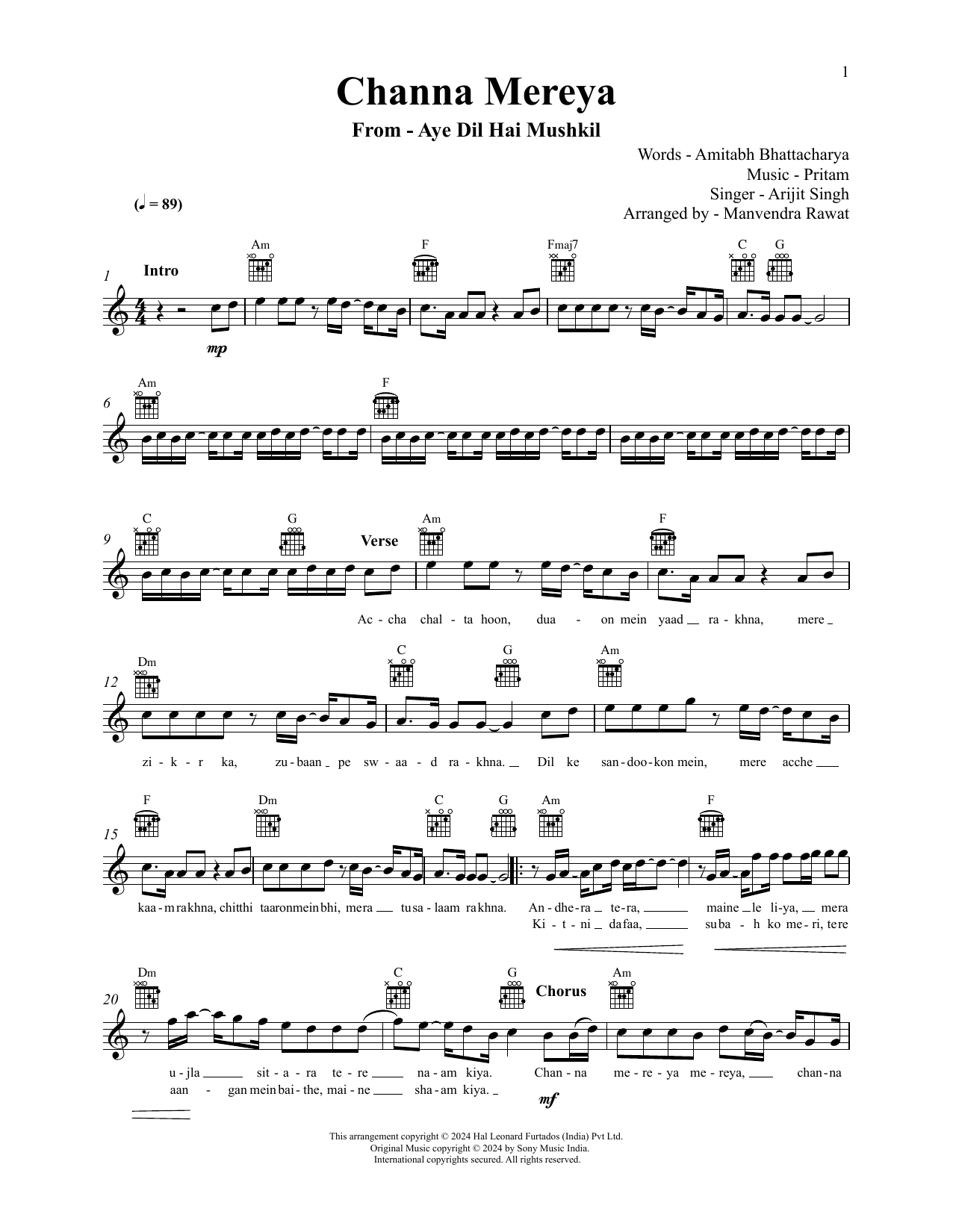 Pritam and Arijit Singh Channa Mereya (from Ae Dil Hai Mushkil) Sheet Music
