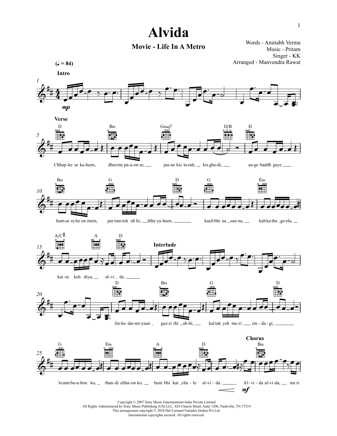 Pritam and KK Alvida (from Life In A Metro) Sheet Music