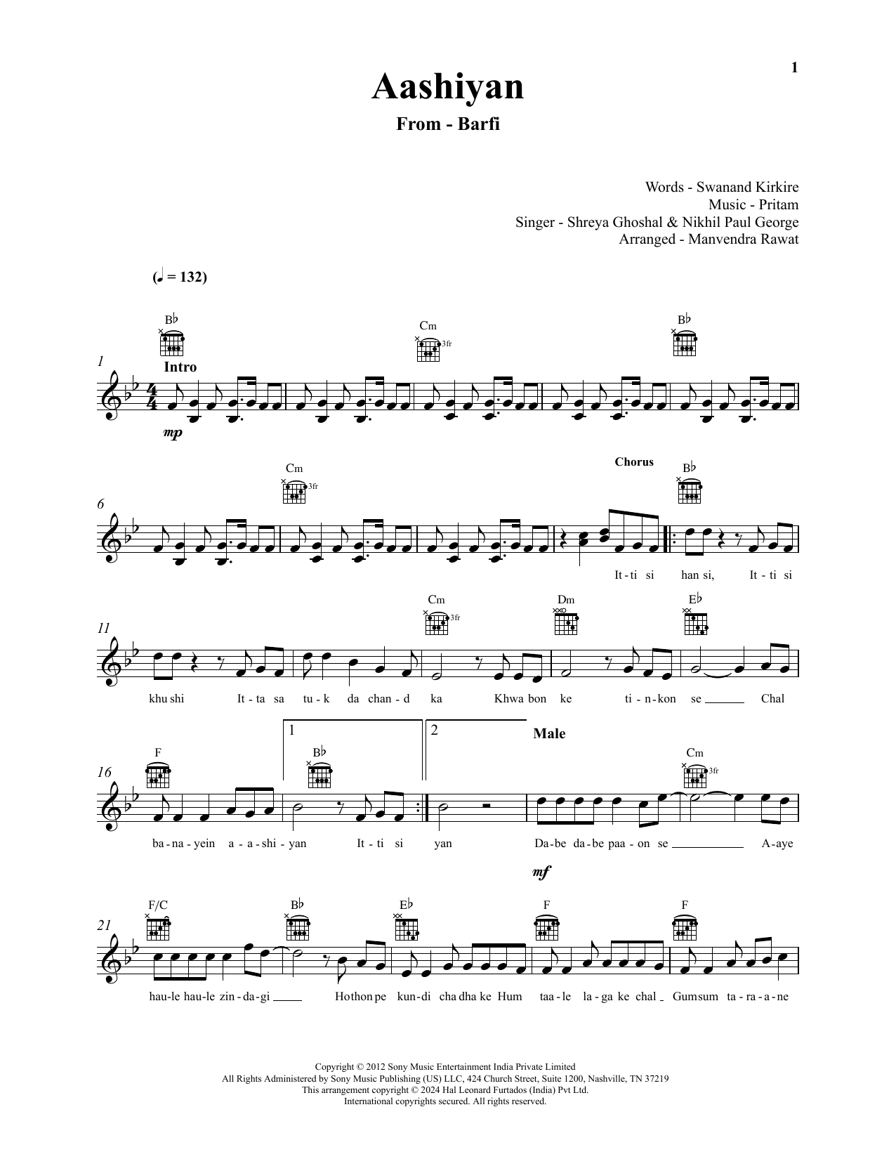 Pritam, Shreya Ghoshal and Nikhil Paul George Aashiyaan (from Barfi) Sheet Music