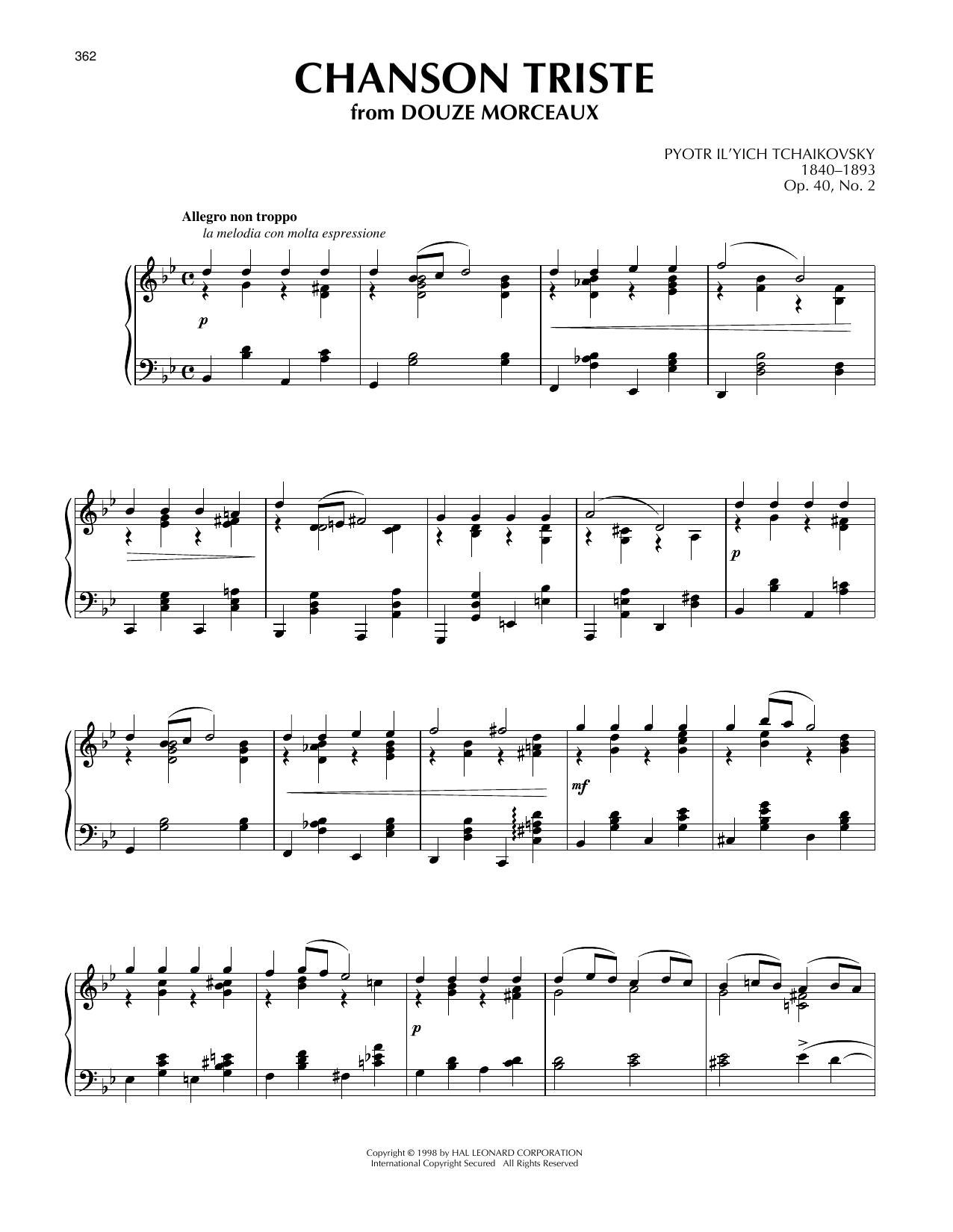 Pyotr Il'yich Tchaikovsky Chanson Triste, Op. 40, No. 2 Sheet Music