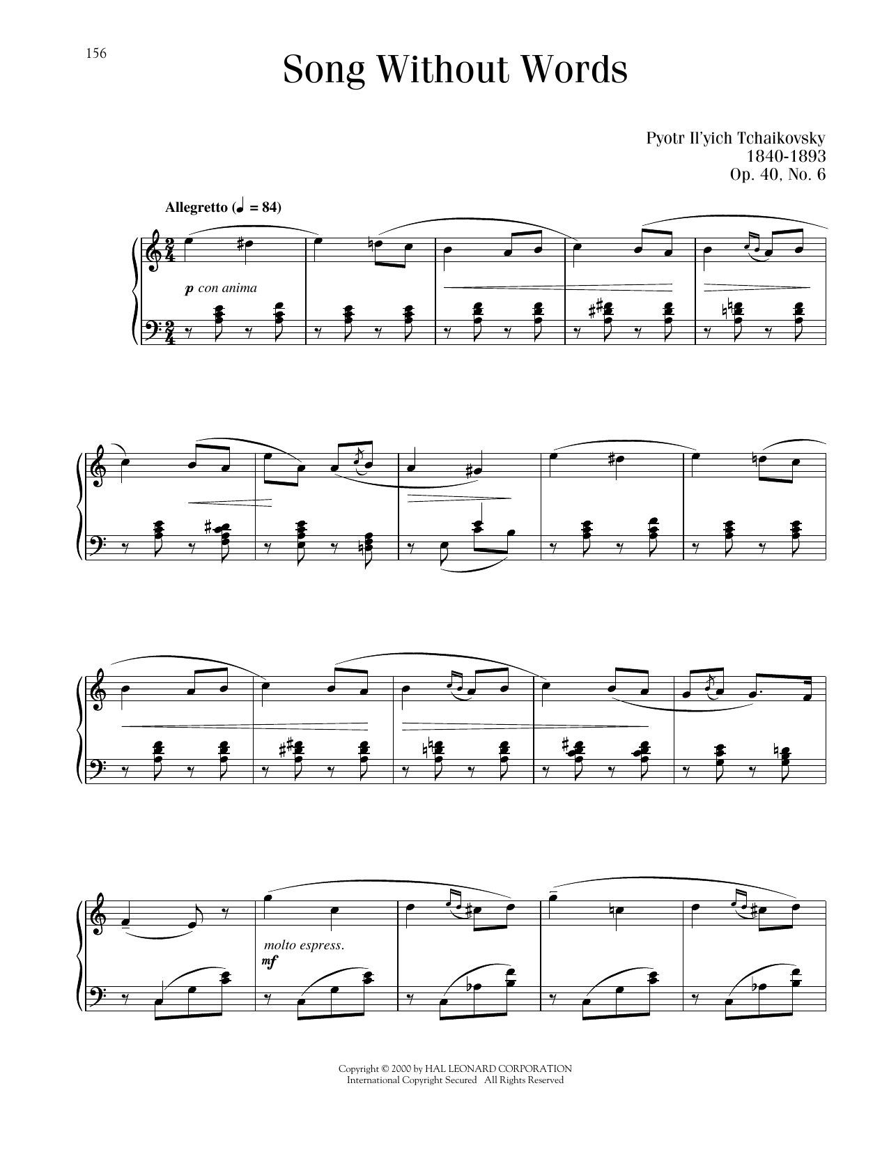 Pyotr Il'yich Tchaikovsky Chant Sans Paroles, Op. 40, No. 6 Sheet Music