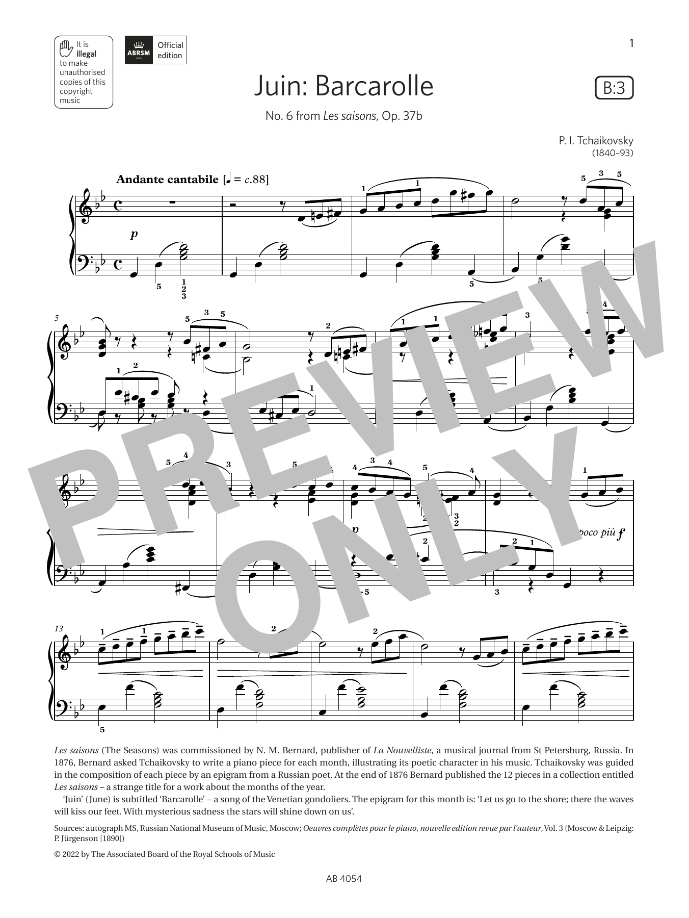 Pyotr Il'yich Tchaikovsky Juin: Barcarolle (Grade 8, list B3, from the ABRSM Piano Syllabus 2023 & 2024) Sheet Music