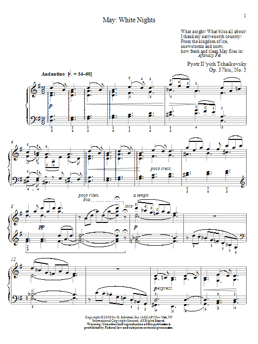 Pyotr Il'yich Tchaikovsky May: White Nights Sheet Music